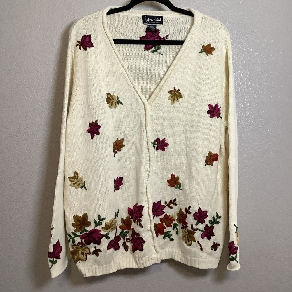 Vintage 90s‎ Retro Floral Embroidered Cottagecore Cozy Knit Cardigan 2X